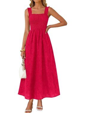 Women's Red Boho Sleeveless Square Neck Cotton Flowy Long Maxi Dress